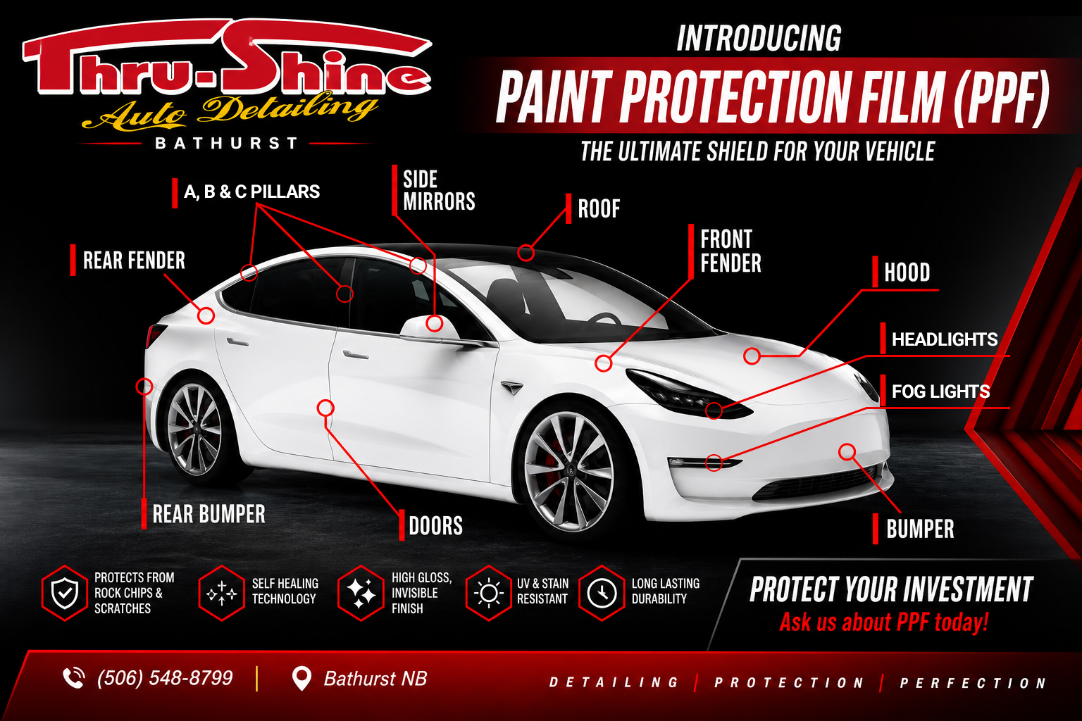 Le film de protection de peinture (PPF) est un film d’uréthane transparent appliqué sur les surfaces peintes de votre véhicule. Il crée une barrière durable qui absorbe les impacts et aide à prévenir les dommages avant qu’ils n’atteignent la peinture.  QU’EST-CE QUE LE FILM DE PROTECTION DE PEINTURE (PPF) ?